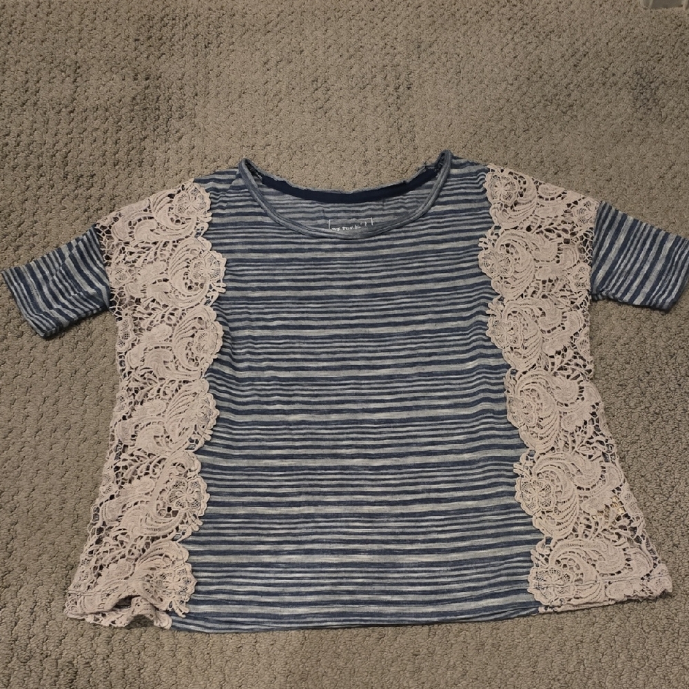 We The Free Blue Striped Tee with Cream Lace